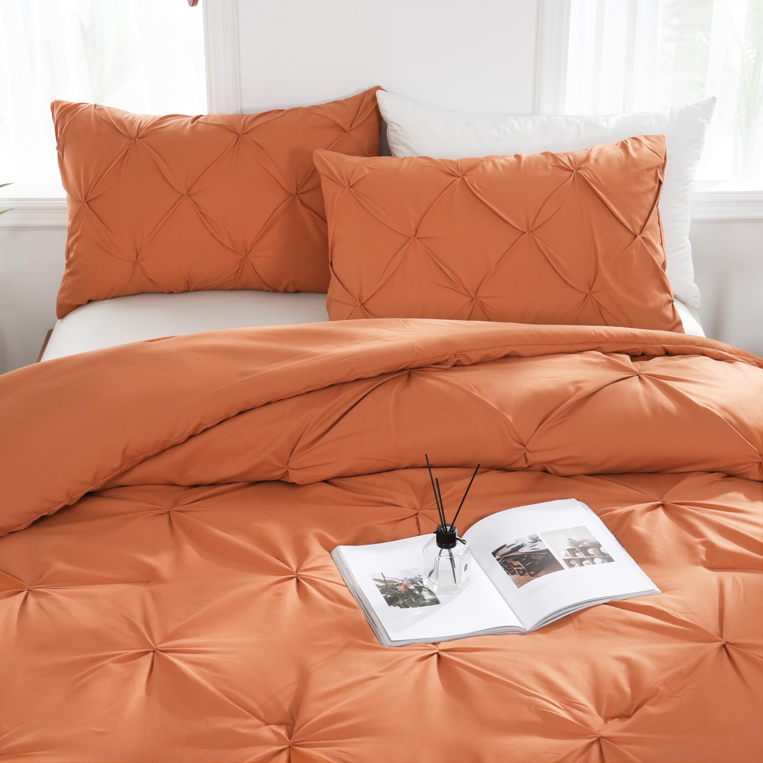 Downcool King Size Comforter Set - Burnt Orange Comforter King Size, 3 Pieces Pintuck Bedding Comforter Sets, Pinch Pleated Comf